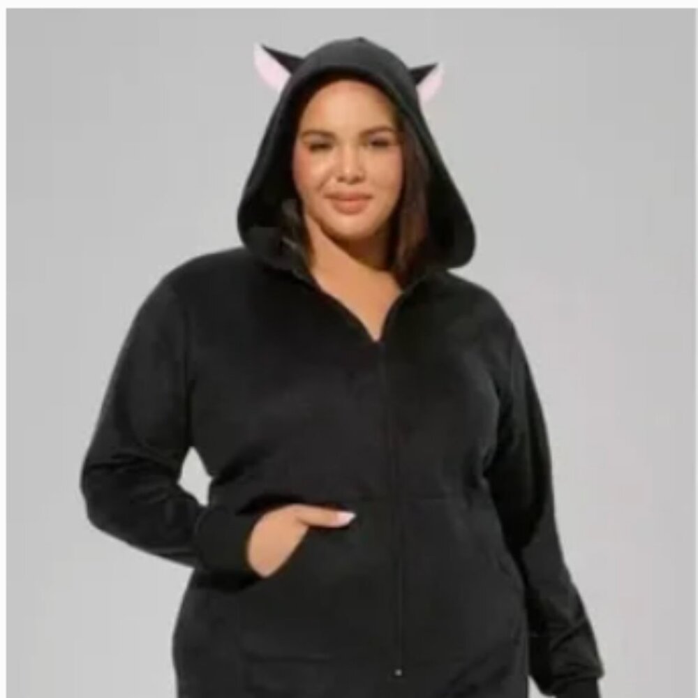 TORRID Black Cat Hooded Fleece (w/cat ears) Lounge/Costume Jumpsuit Size 1/2